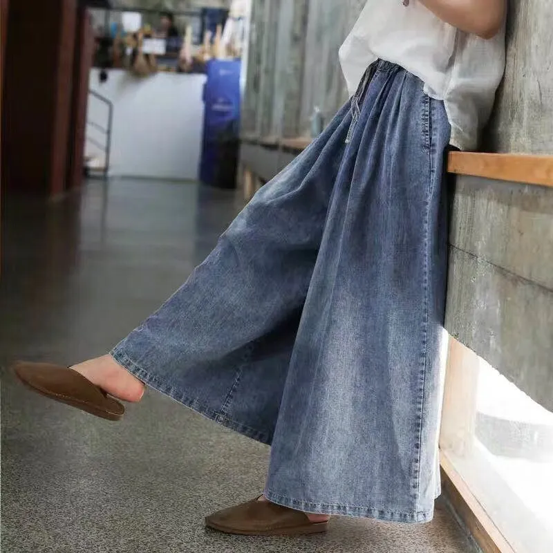 Summer New Women Cropped Wide-Leg Jeans High-Waist Literature Art Thin Drawstring Loose Large Size Straight Pants Feminine LJ200808