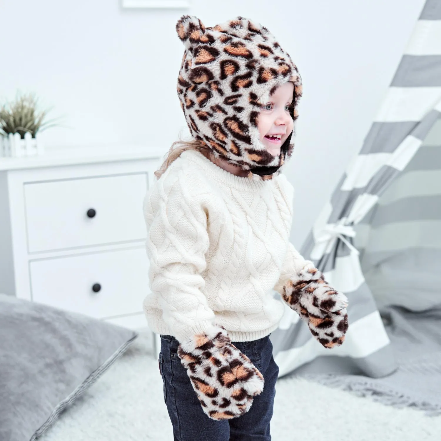 New Autumn Winter Warm Baby Leopard Plush Hat Mitten Set Child Babies Earmuff Hats Beanie Gloves Kids Hat + Gloves 