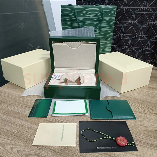 HJD Luxury High Quality Green Watch Box Cases Pappersväskor Certifikat Originallådor för träkvinna Herrklockor Presentväskor Access3311