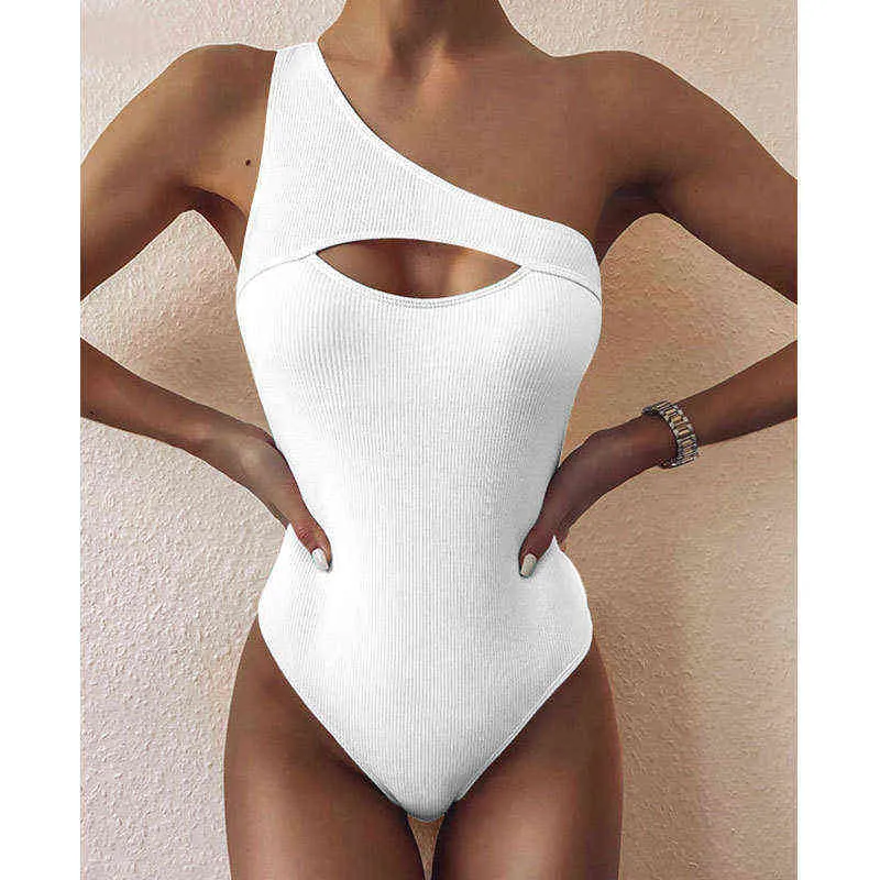 2022 Neue Außenhandel Europäische und amerikanische Sexy Bikini Einfarbig One-Shoulder-Badeanzug Frauen Bikini Spezielle Stoff Bodys Slim Fit 220106