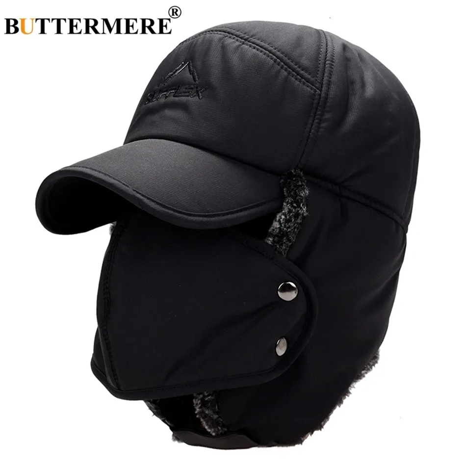 BUTTERMERE – chapeaux d'hiver pour hommes, bombardier russe, café, en coton, avec oreillettes, masque masculin, casquette de Baseball détachable, fourrure chaude, Ushanka Hat302g