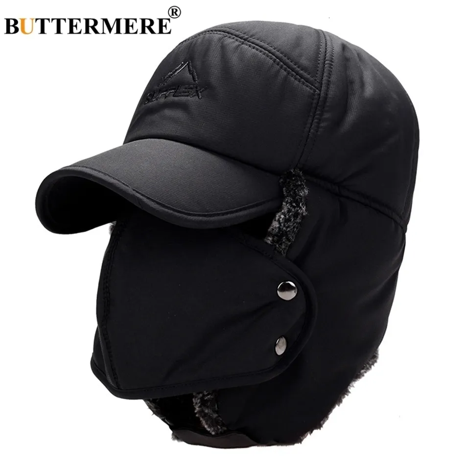 BUTTERMERE Men'S Winter Hats Russian Bomber Coffee Cotton Earflap Caps Male Mask Detachable Baseball Cap Fur Warm Ushanka Hat228G