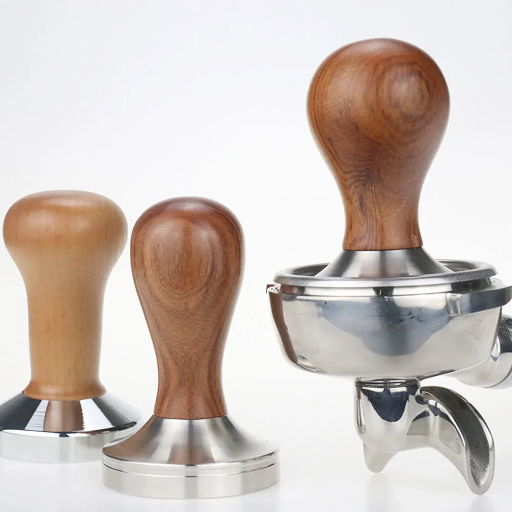 Food Grade Coffee Tamper 51mm 58mm Wooden Handle Barista Espresso Maker Grinder Steel Handmade Coffee Powder Maker Flat Base T200523