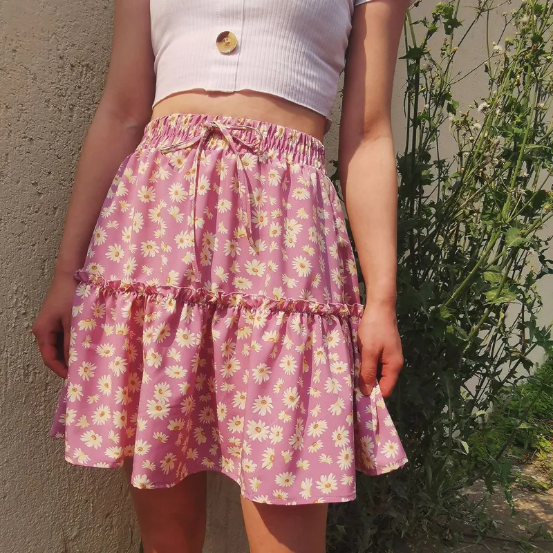 Summer 2020 women ruffles Swing skirt high waist female casual mini skirt A line flower skirt ladies sexy short beach skirts T200712