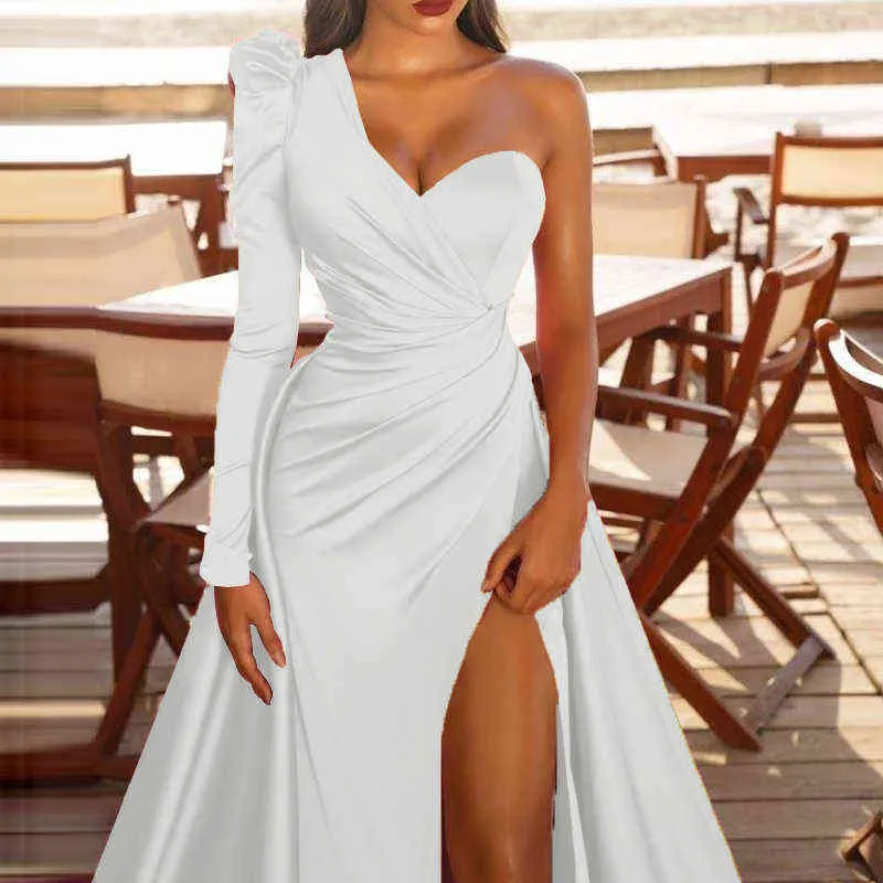 Prom Wedding Party klänningar kvinnor kväll elegant sexig en axel rygglös satin veckad sida delad lös lång maxi klänning 2022 y2256d