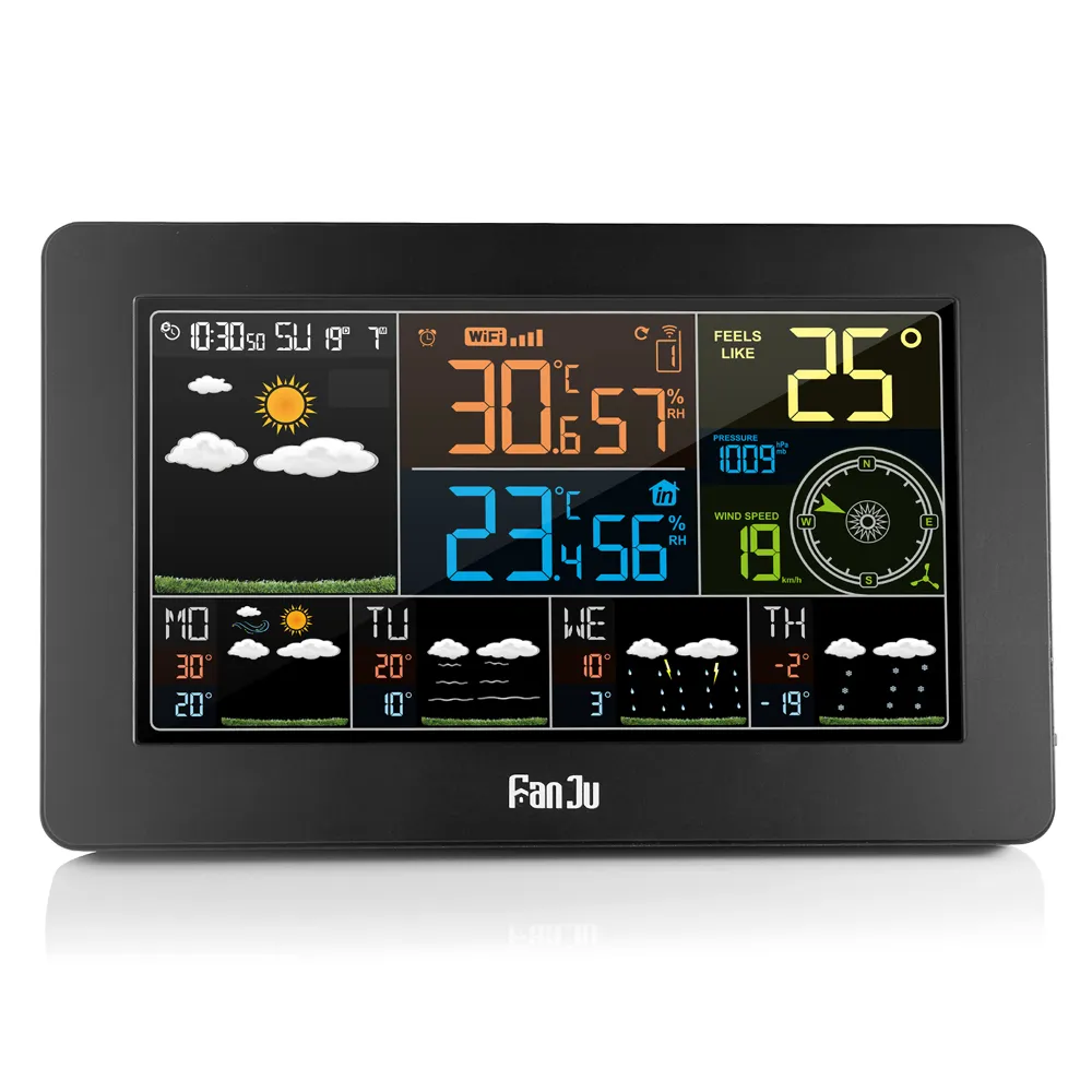 Fanju W4 Wifi Clock Humidity Pressure Weather Forecast Digital Alarm Clock Temperature with Wireless Sensor 201222