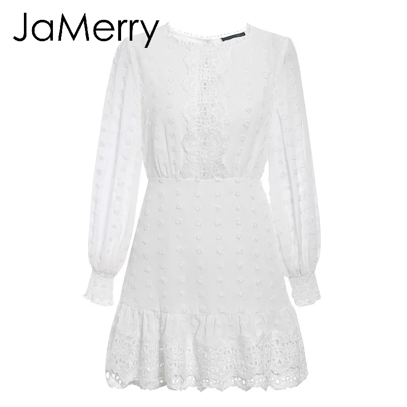 Jamerry Vintage Sexy White Laceショートドレス女性ロングパフスリーブドレスドット女性高級スリムパーティーミニドレスvestidos LJ201204