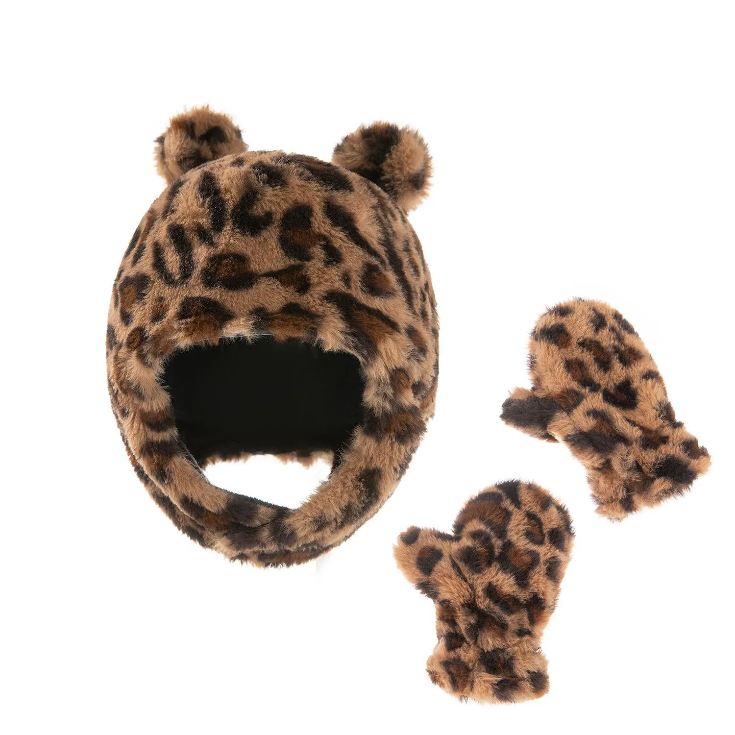 Ny Höst Vinter Varm Baby Leopard Plush Hat Mitten Set Barn Babys Earmuff Hattar Beanie Handskar Kids Hat + Handskar 2st / Set