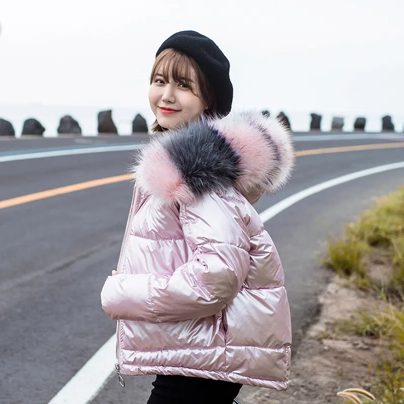 Nuove donne di moda lucido corto argento piumini grandi collo di pelliccia colorato con cappuccio cappotto parka giacca calda donna giacche invernali 201030