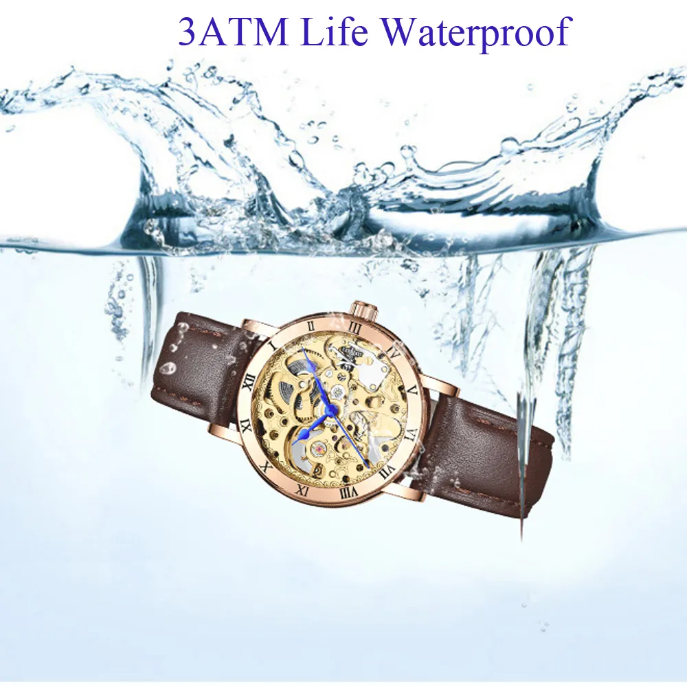 IK Colouring Women Mechanical Watch Roman Lettering Bezel Gold Clouds Engraving Skeleton Automatic Self Wind Ladies Wrist watch LJ2511