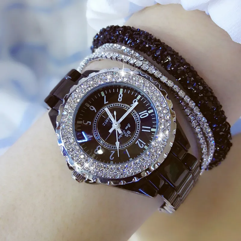 Diamond Watches Kadın Ünlü Marka Siyah Seramik Saat Kadınları Straping Kadınlar Bilek saati Rhinestone Kadın Bilek Saatleri 201120270n