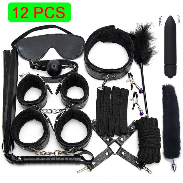 Blackwolf Bed Bondage Set BDSM Kits Exotische Sexspielzeuge für Erwachsene Spiele Leder Handschellen Peitsche Gag Tail Plug Frauen Sex Produkte Y201118