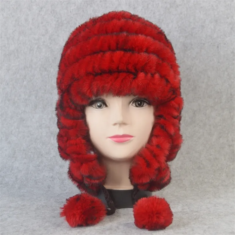 Russian Winter Real Earflap Hat Women Knitted Genuine Skullies Cap DIY Warm Soft Rex Rabbit Fur Beanies Caps Y201024254H