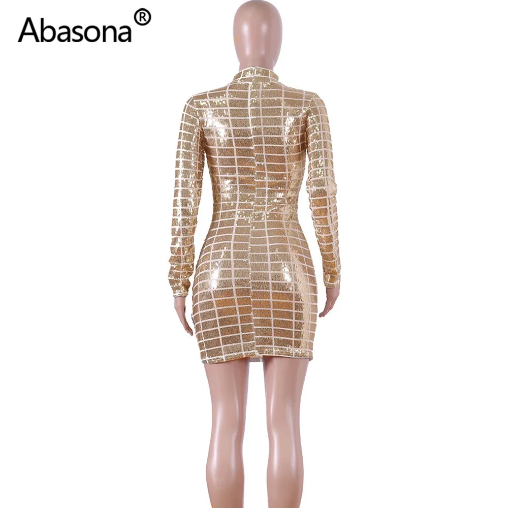 Abasona Cekinowa Bodycon Party Dresses Sexy Night Club Lato Kobiety 2021 Pełna rękaw Tight Mini Dress Sheer Sheer Mesh Black F1130