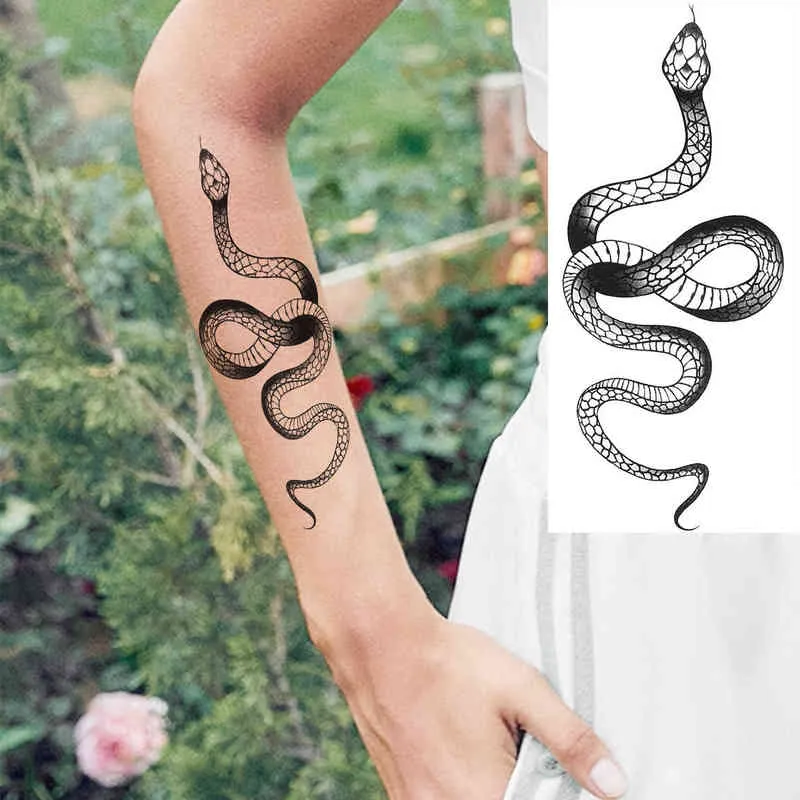 Tatuaggi temporanei dell'avambraccio di serpente nero le donne Uomini adulti Serpente Luna Realistico tatuaggio finto Elegante trasferimento dell'acqua Tatuaggi Carta 0304