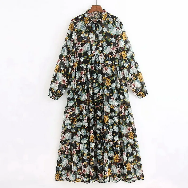 Women Floral Dress Chiffon Material Spring 2020 New Fashion Spaghetti Strap Lining Two Piece Sets Modern Lady Long Dresses LJ200814