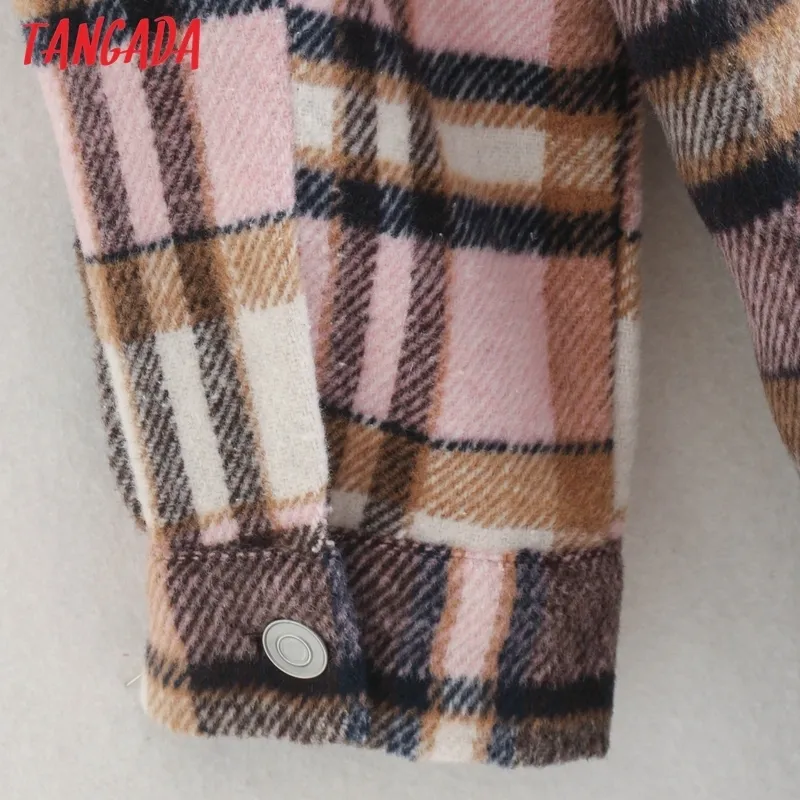 Tangada, abrigo largo con patrón a cuadros rosa para mujer, chaqueta holgada de manga larga con bolsillo, abrigo elegante para mujer 2020 LJ201201