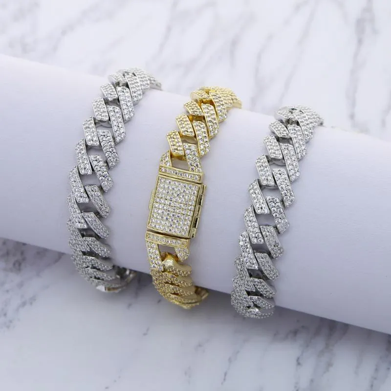 Charm Armband 12mm Iced Out Wide Miami Cuban Link Chain Armband 2 Raw Gold Silver Color Cubic Zirconia Hip Hop Men smycken266v