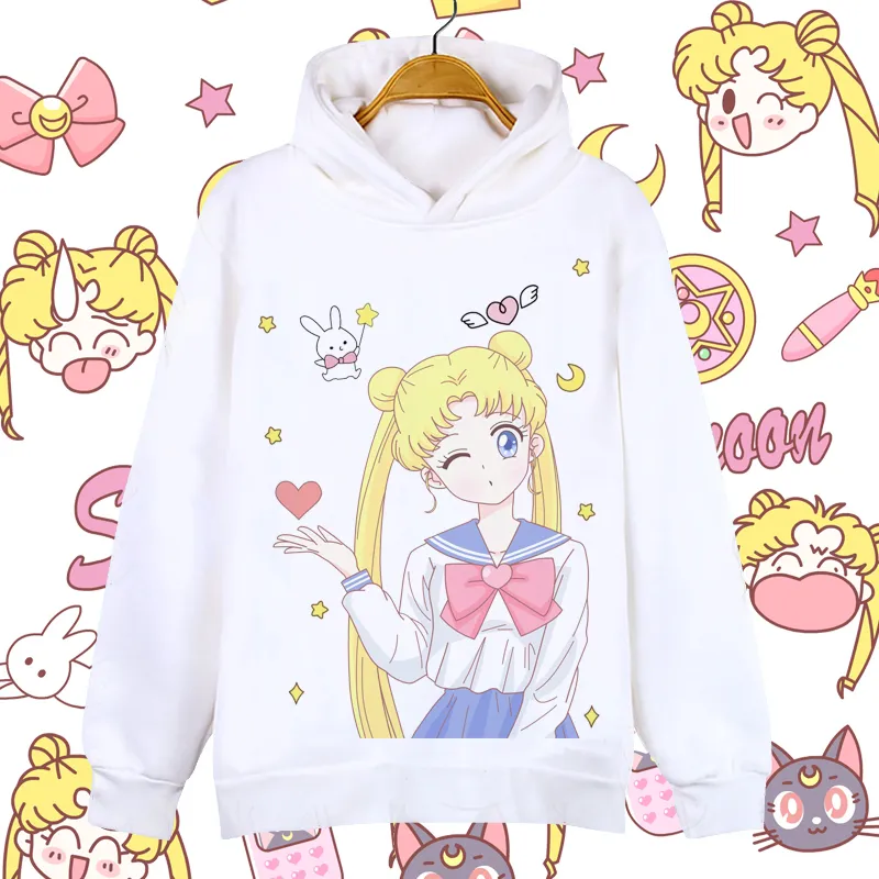 Fashion Sailor Moon Hoodies Cartoon Women Long White Printed Kawaii Coat Sweatshirt Thicken Hoody Harajuku Sleeve Pullover Loose M3878919