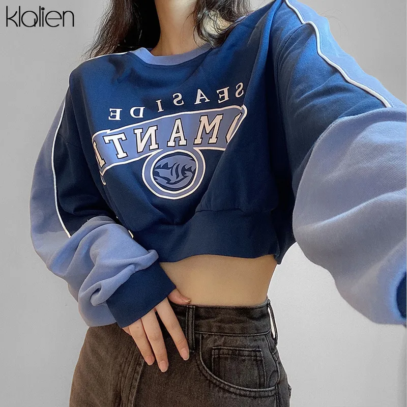 Klalien Fashion Print Letter Långärmad O Neck Loose Pullovers Hoodie Höst Casual Street Soft Cotton Wild Sweatshirt Lady 220210