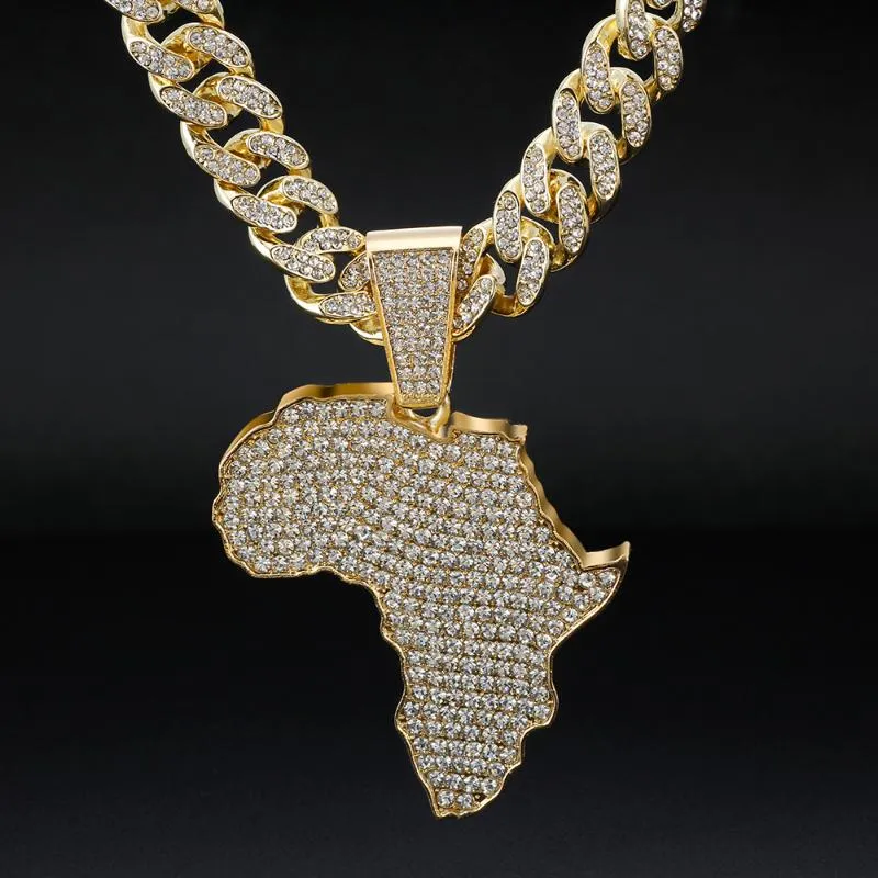 Mode Kristall Afrika Karte Anhänger Halskette Für Frauen männer Hip Hop Zubehör Schmuck Halskette Choker Cuban Link Kette Gift339E