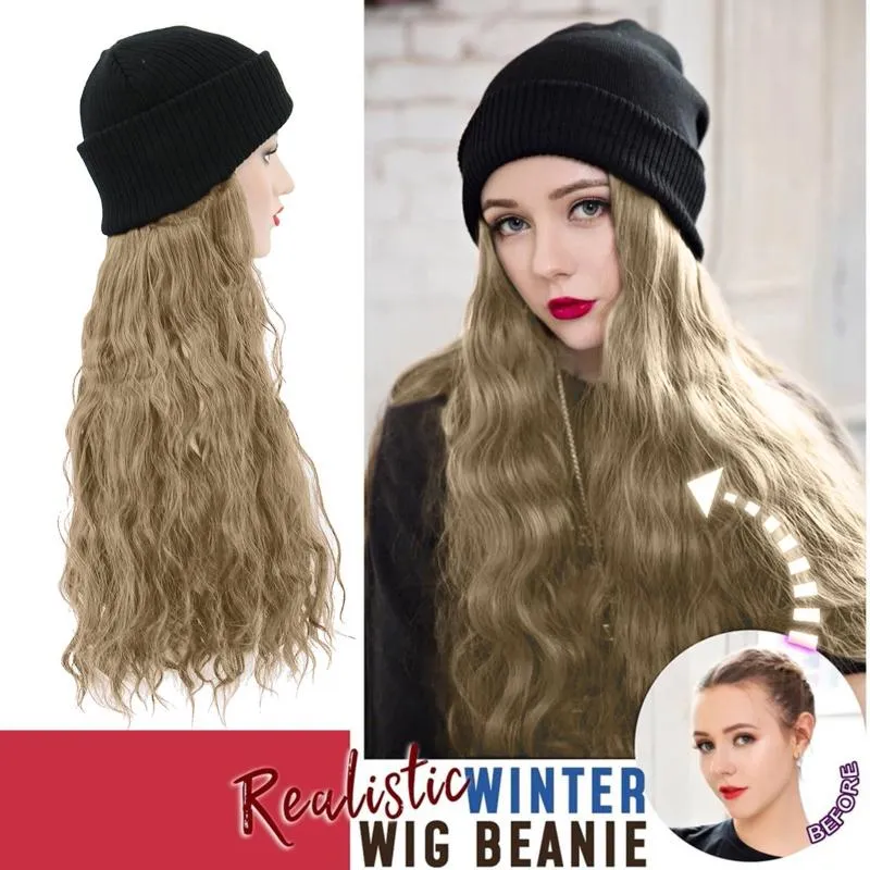 Wide Brim Hats Synthetic Long Curly Knit Skiing Winter With Hair Wig Beanie Attached Hat For Girl Hang Out Natural Cotton Made #12265B