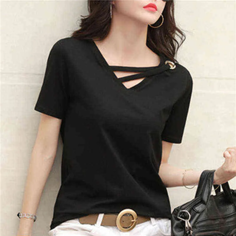 新しい夏半袖女性白いTシャツVネック緩い韓国の黒人トップカジュアル思いやりのあるトレンドTシャツ女性の純粋な色G220228