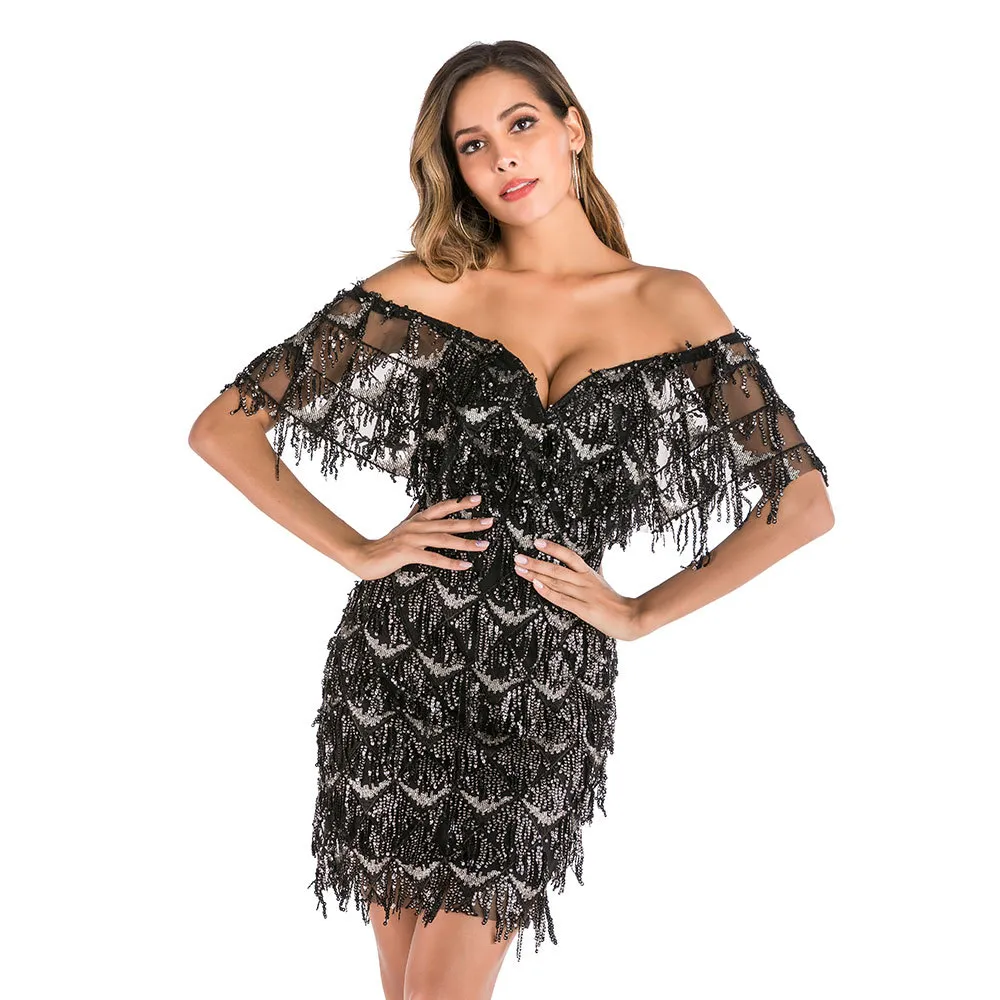 american sexy womens bra off shoulder ruffle fringed hip sequin dress party sexy miniskirt in champagne and black