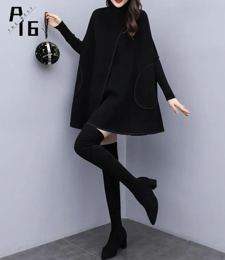 A16 autumn and winter cloak black wool in the long section loose British wind woolen coat female 201215