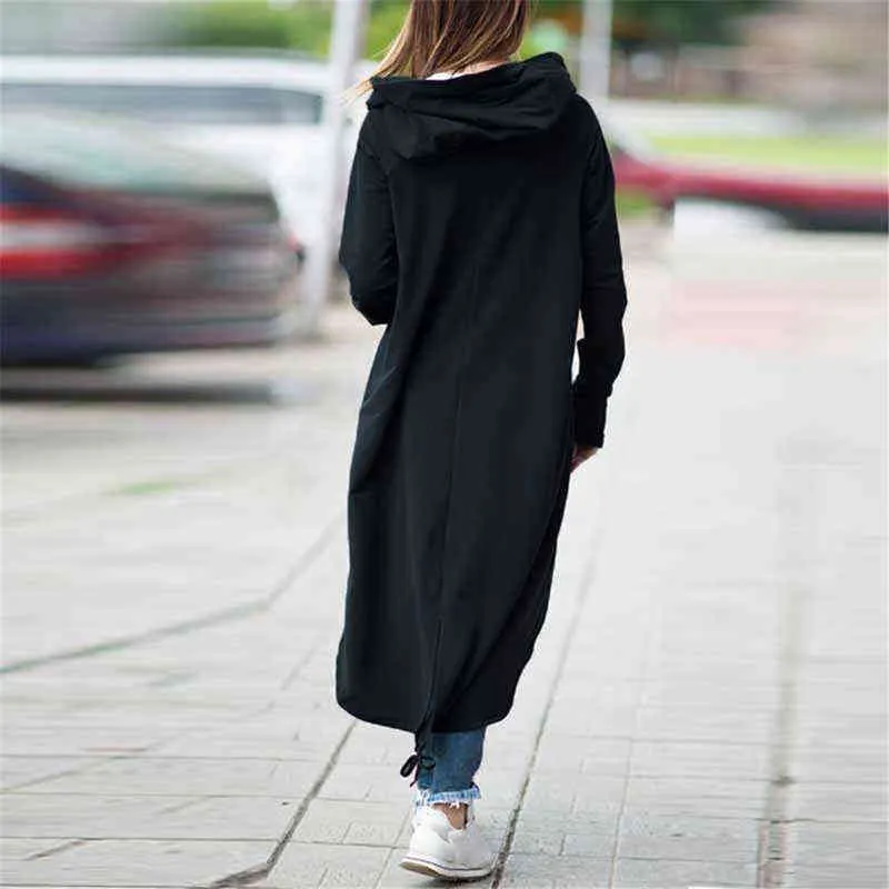 봄 롱 스타일의 여성 지퍼 코트 까마귀 스웨트 셔츠 지퍼 업 재킷 탑 Fleece Hoodie Personality Street S 211222
