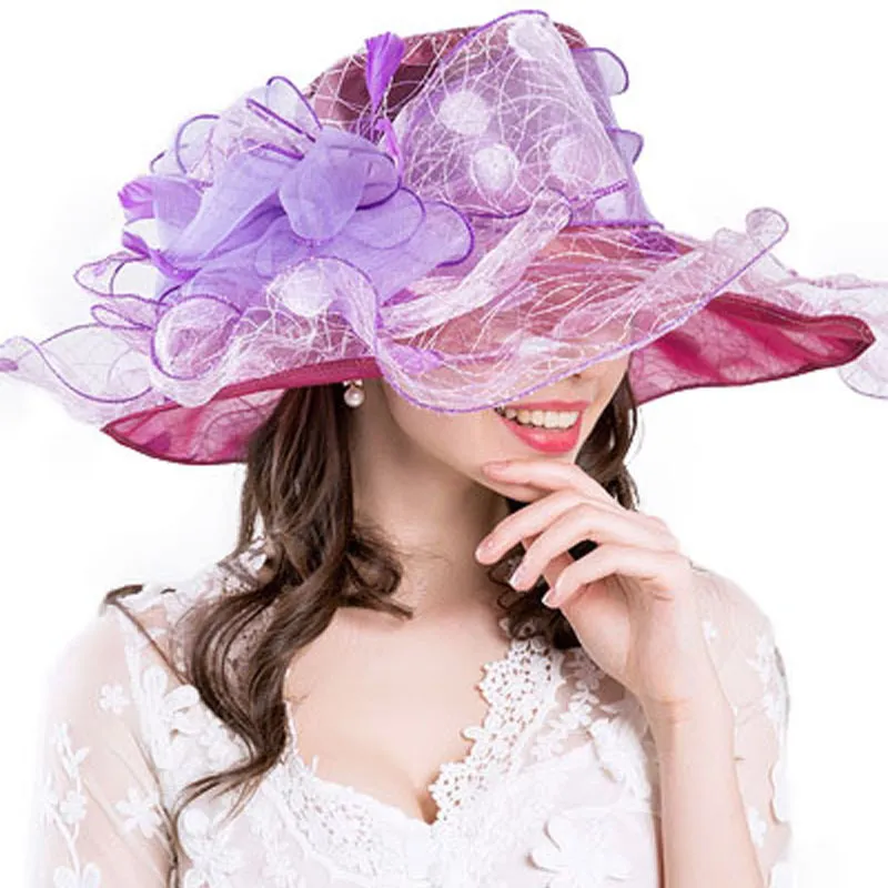 FS Summer Organza Wedding Hats for Women Kentucky Derby Hats Flower Sun Hat Big Razem Fedora Beach Church Party Caps Y2007189O