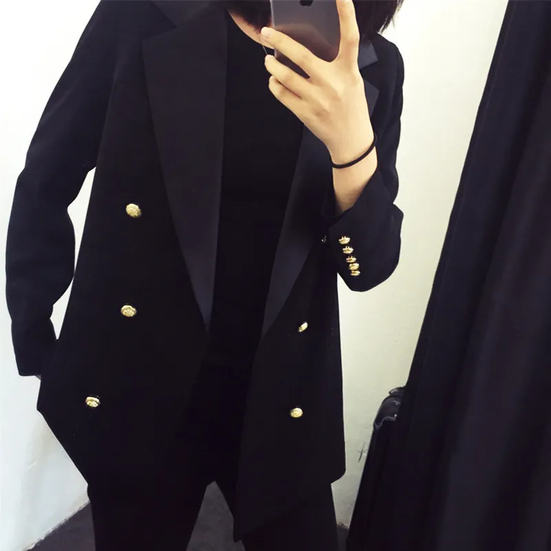 高品質のプロの女性のスーツの大きいサイズのカジュアルなダブルブレストの気質黒い女性のジャケットトレンディオフィスブレザー201102