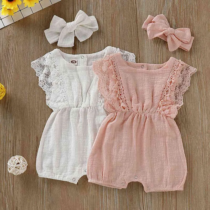 Sommar Baby Girl Rompers Nyfödda Baby Kläder Toddler Flare Ärm Solid Lace Design Romper Jumpsuit med huvudband G1221