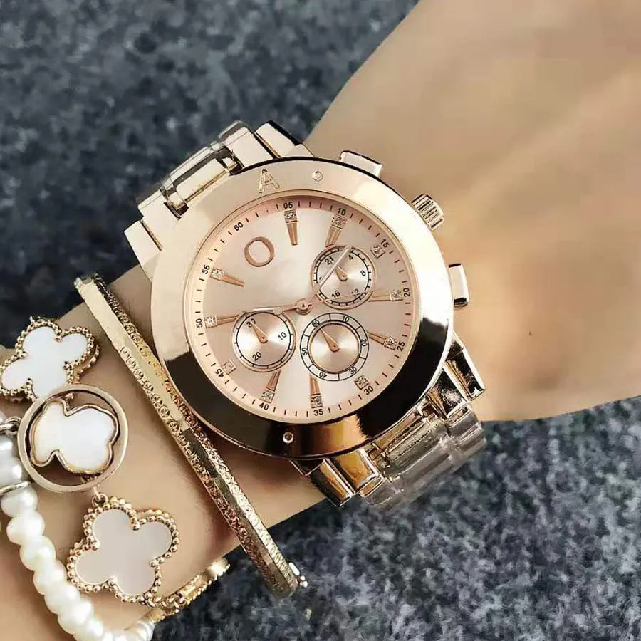 Fashion Wrist Watch for Women Girl Crystal 3 Dials Style Steel Metal Band Quartz Watches P58283B