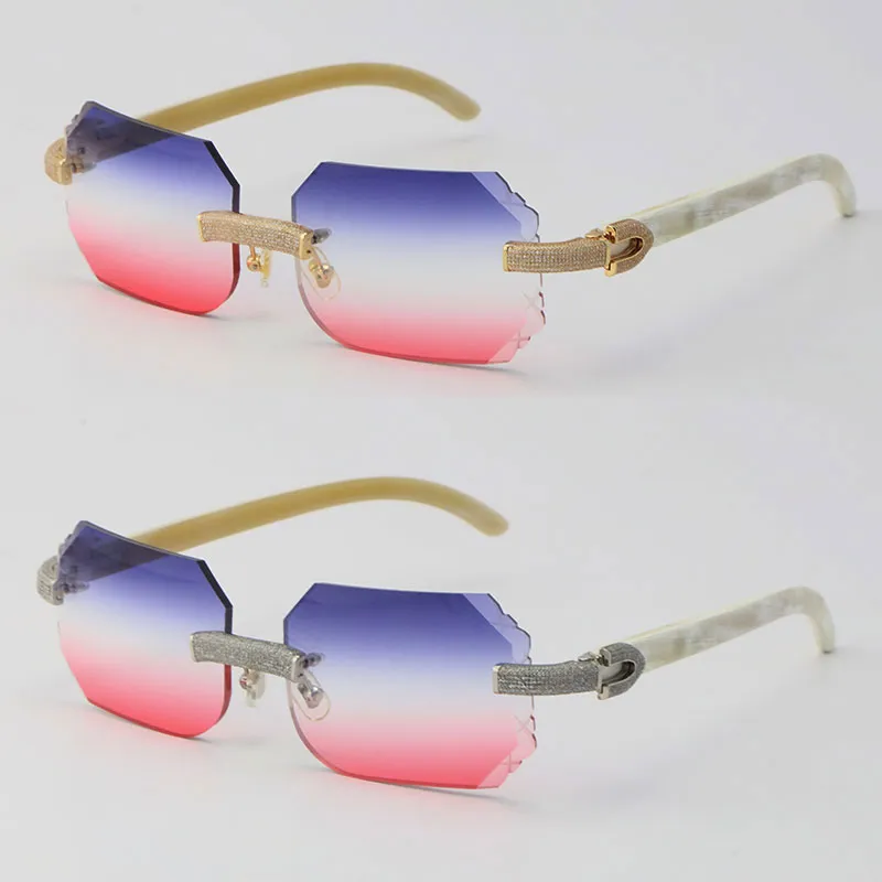 2022 New Micro-paved Rimless Luxury Diamond Set Sunglasses White Genuine Natural Buffalo Horn Sun Glasses Rocks Frame Male and Fem1965