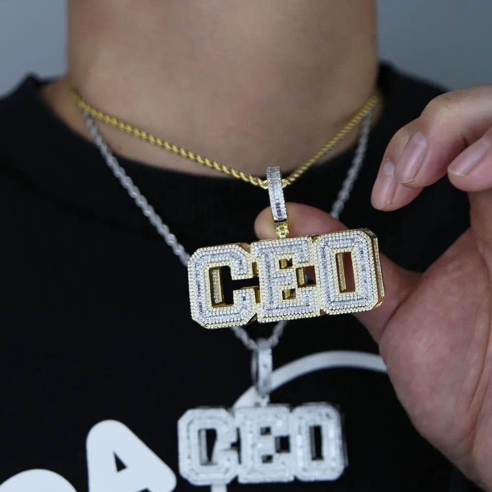 Novos estilos de hip hop carta CEO sombra charme pingente colar com corrente de corda ouro prata pavimentada completa cz pedra estilos punk jóias wh2368