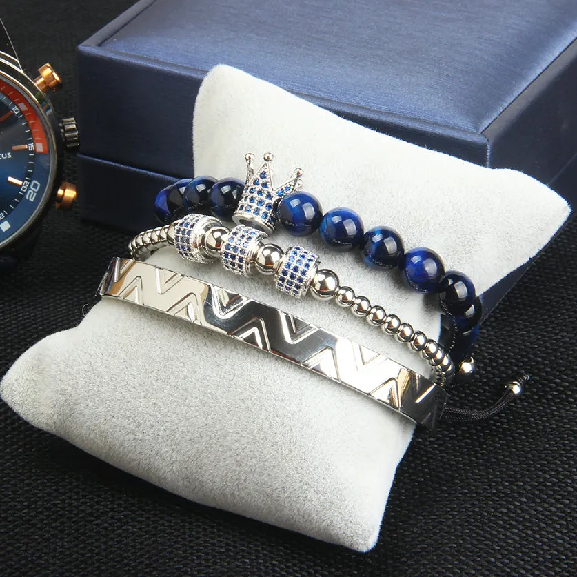 Mode 3 stks set Crown Bangel armband mannen en vrouw luipaard vlechten armband roestvrijstalen armbanden blauw cz sieraden223o