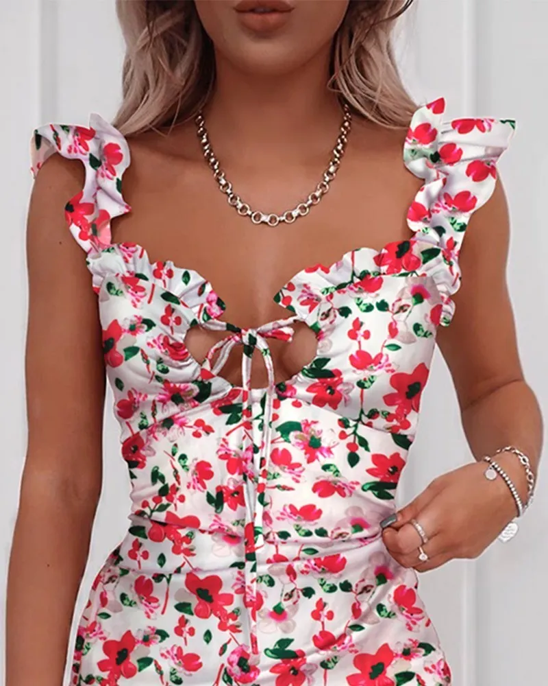 2020 Summer Floral Print Związane detale Ruffles Mini sukienki Kobiety bez rękawów