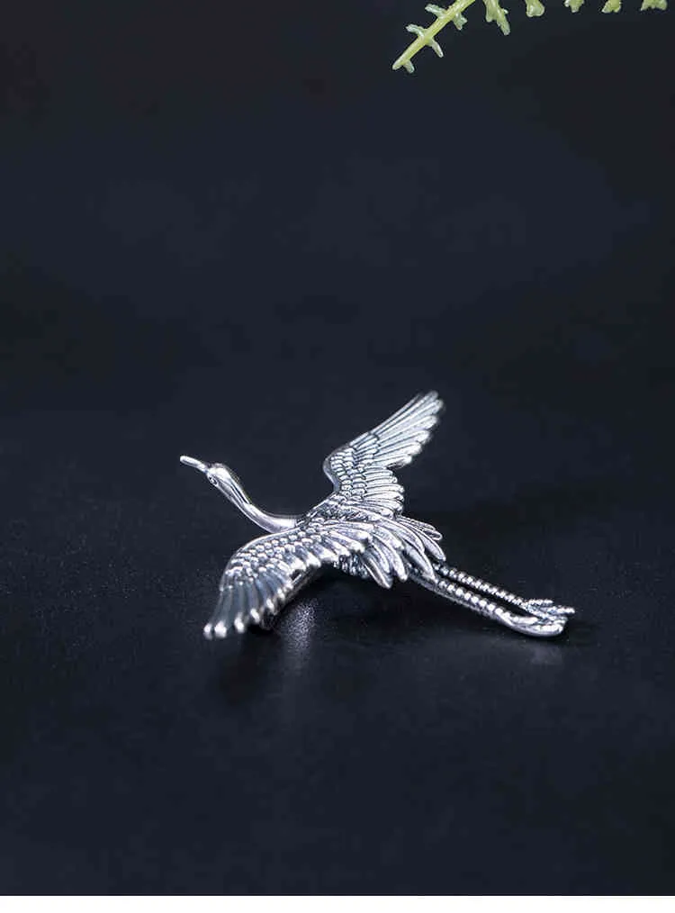 Réel S925 Sterling Silver Personnalité Vintage ciel clair volant grue broche femme marée nationale classique ethnique collier broche