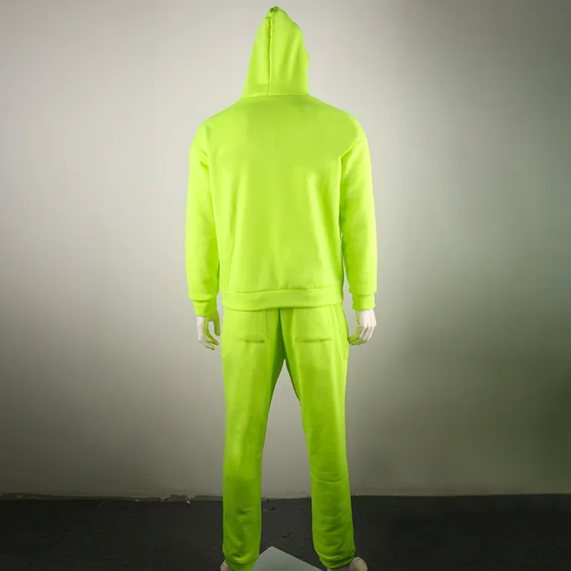 Omsj mode neon stil mens sätter fluorescens grön hooded sweatshirt + sweatpants två stycken höst vinter casual tracksuit 201118