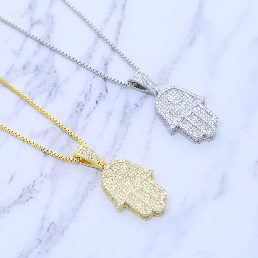 Micro pavé 5A CZ glacé Bling femmes bijoux chanceux turc main de Fatima Hamsa main pendentif collier 258Z