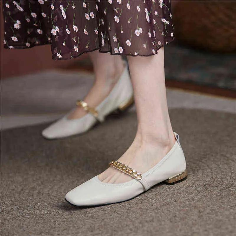 Women's Leather Mary Janes Women's Shoes Round Head Flat with Chain Casual Cow Beige 2 9