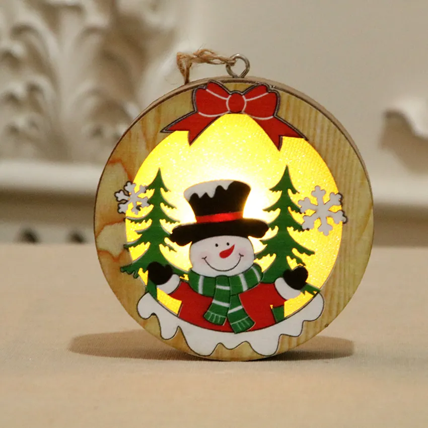 Christmas Wood Luminescent Pendant Santa Claus Snowman Pattern Christmas Tree Ornament Hollow Wooden Xmas Decor With LED Light