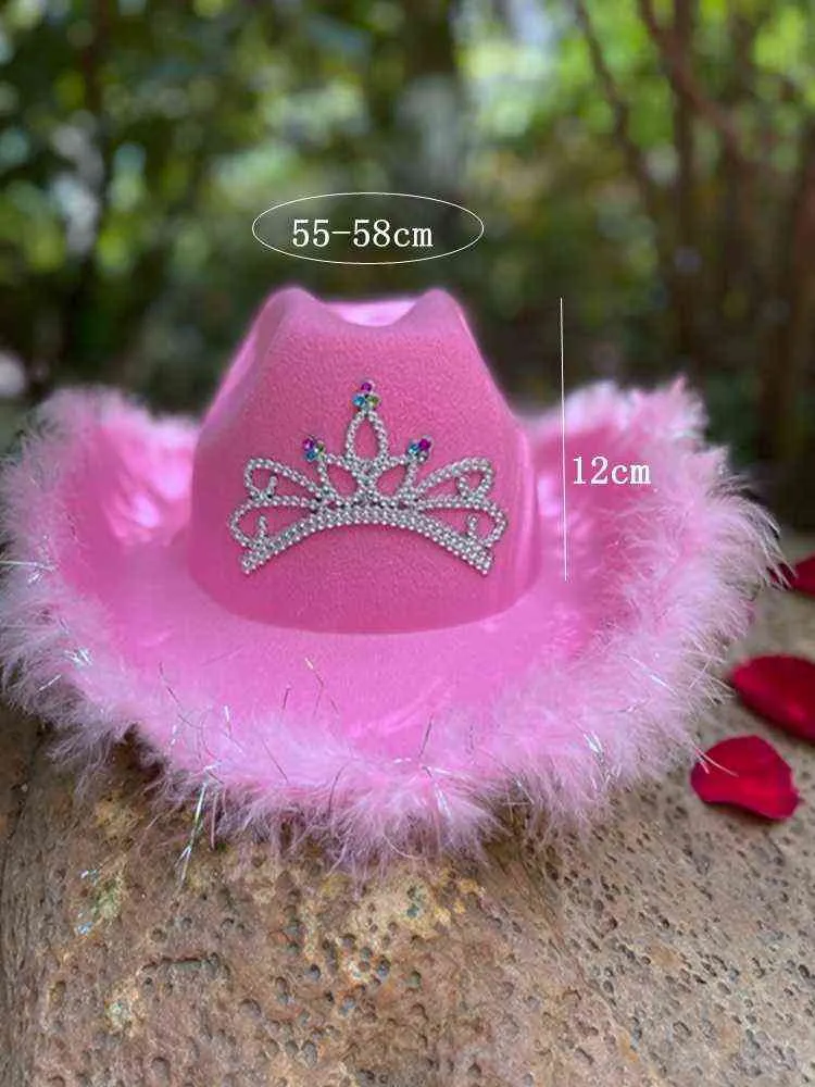 Pink Tiara Cowgirl Cappello le donne Girls Wide Brim Fedora stile Western Style Holiday Cosplay Party Cowboy 211227