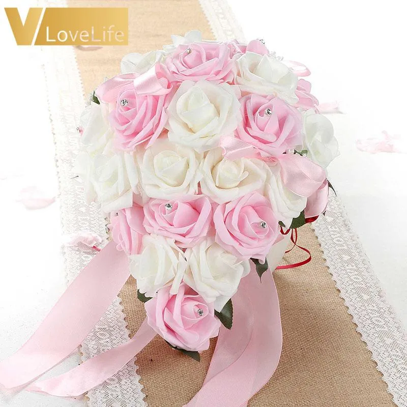 1 pz con fiori blu viola rosa rossa fiori da sposa artificiali bouquet da sposa bouquet da sposa decorazione di nastro di seta di cristallo288S