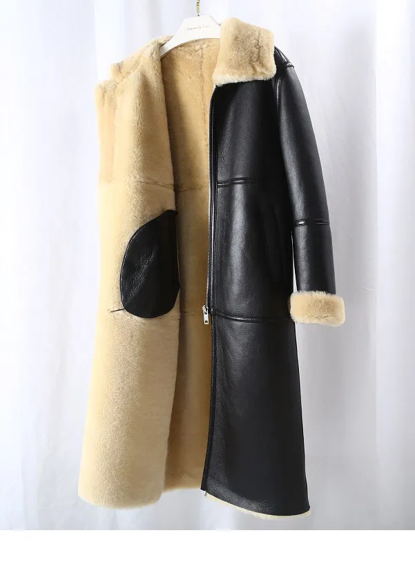 Oftbuy nova marca real casaco de pele inverno jaqueta mulheres natural genuíno couro merino pele pele grosso quente outerwear streetwear 201212