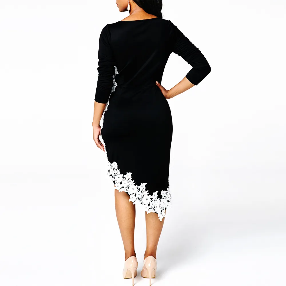 Kadın Elbise 2021 Bahar Vintage Seksi Patchwork Dantel Uzun Parti Elbise Rahat Artı Boyutu Ince Düzensiz Ofis Bodycon Elbiseler 5XL Y0118