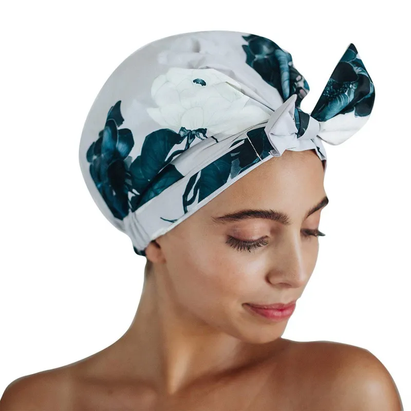 Bonnet de douche pour femmes, bonnets de cheveux pour turban long et grand réutilisable rayure feuilles fleurs