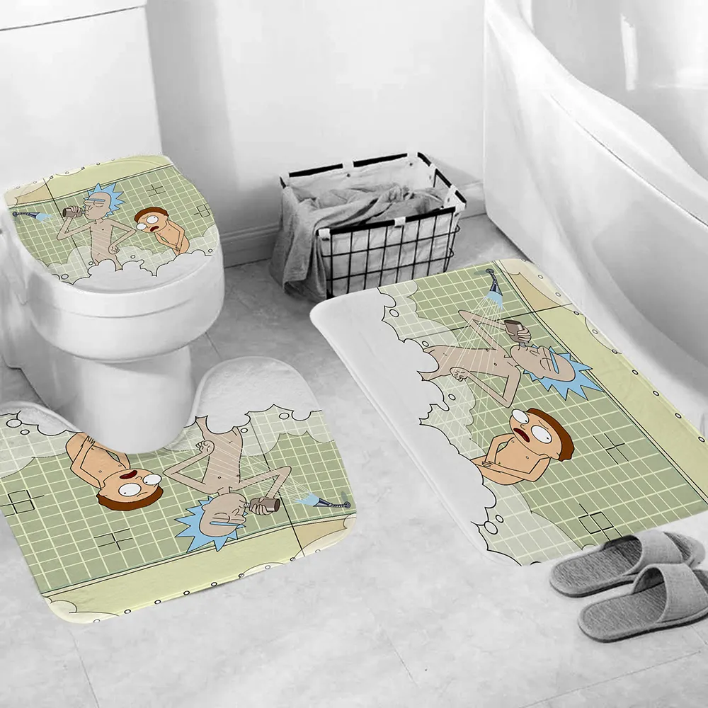 漫画面白い男の子防水シャワーカーテンカーペットカバートイレカバーバスマットパッド4ピースセットバスルームの装飾T200711