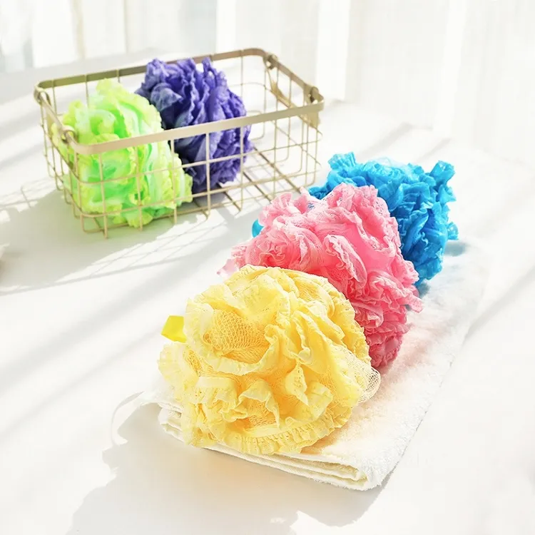 Spitze Mesh Pouf Schwamm Badebürsten Spa Griff Körper Dusche Scrubber Ball Colorfu Schwämme T2I53324